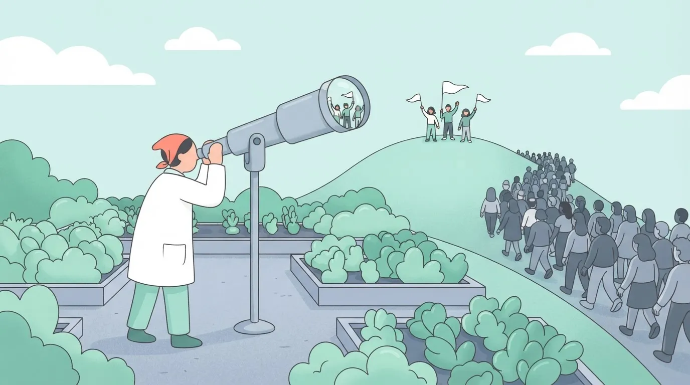 Paragraph 34: A scientist looking through a telescope at a small group of people waving flags on a hilltop, while…