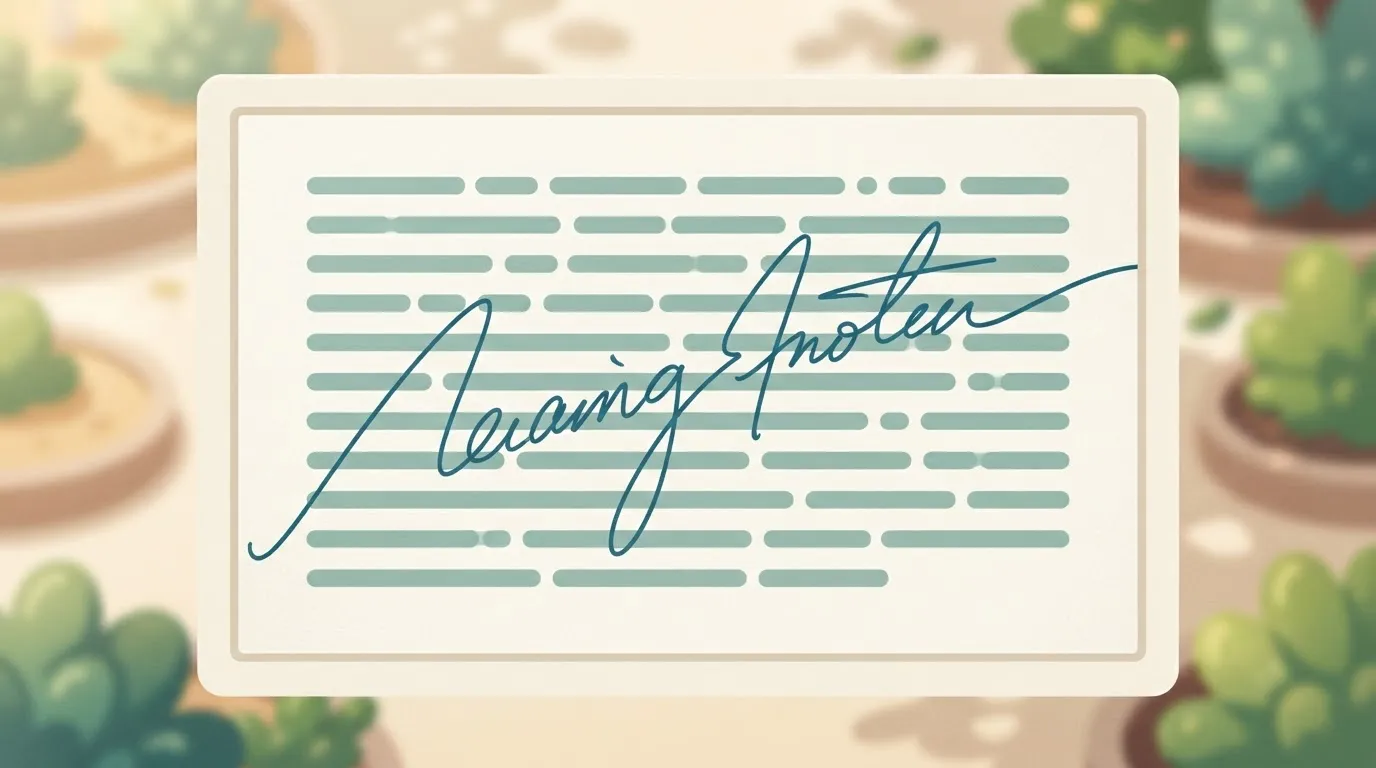 A page of text where the lines of print are interrupted by a messy, handwritten signature that flows across the paragraphs…