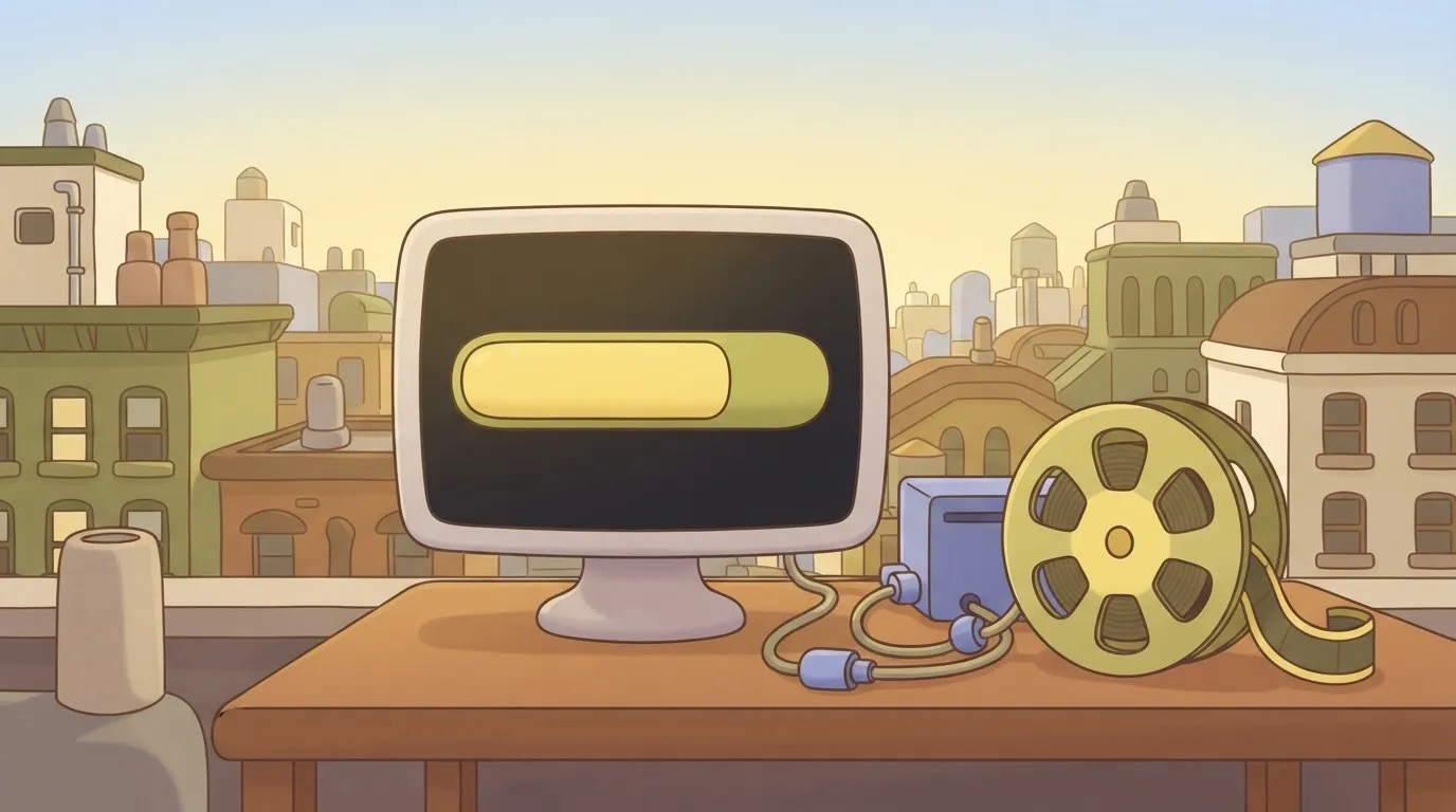 A computer monitor displaying a file upload progress bar that is 75% complete; next to the monitor is a film reel…