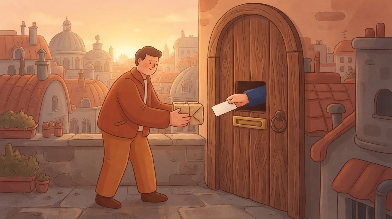 A person standing at a heavy wooden door, holding a small package and refusing to let go of it until a hand from the other…