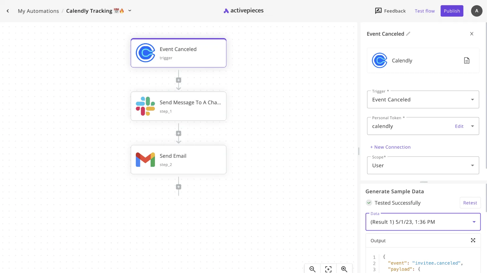 Activepieces workflow builder showing a three-step automation connecting Calendly, Slack, and Gmail with an Event Canceled…