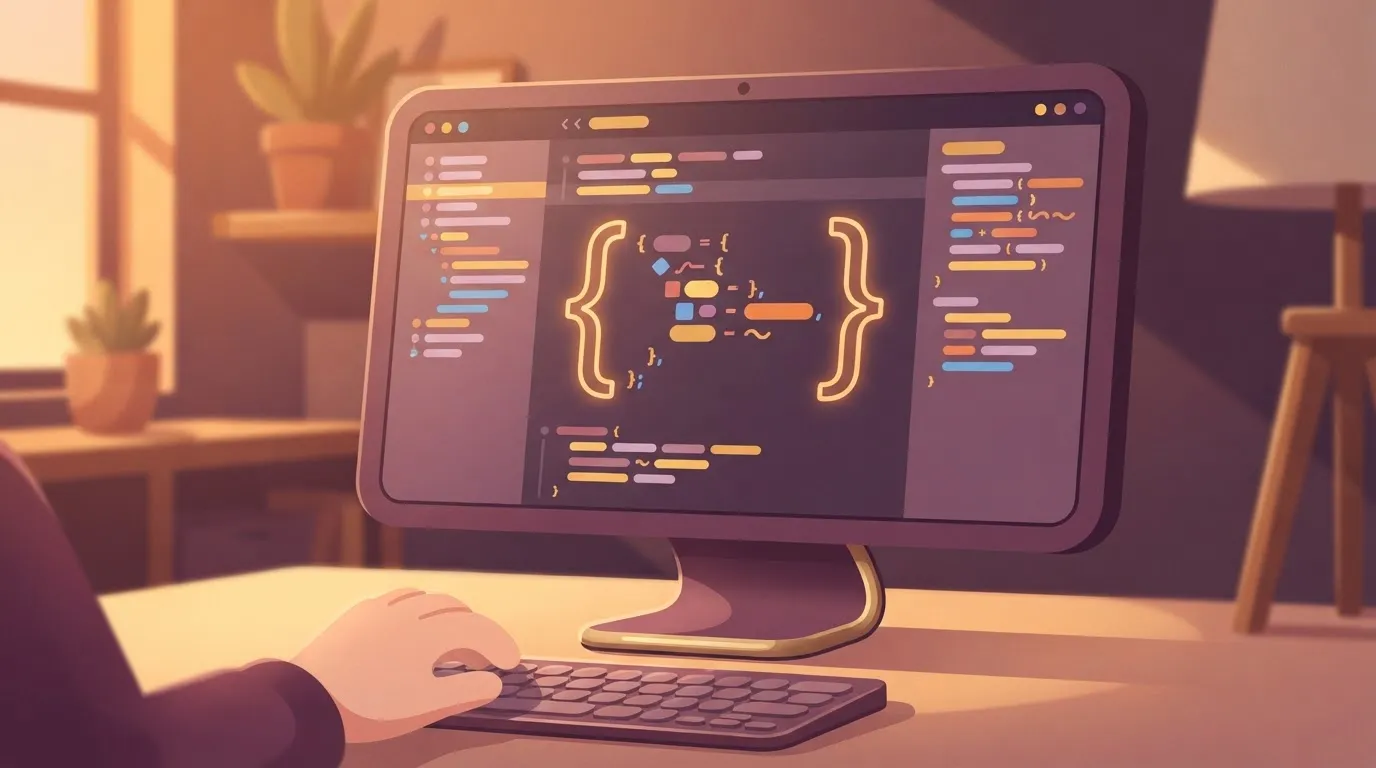 A computer monitor displaying a code editor where a developer is typing code inside two double curly braces to define a…