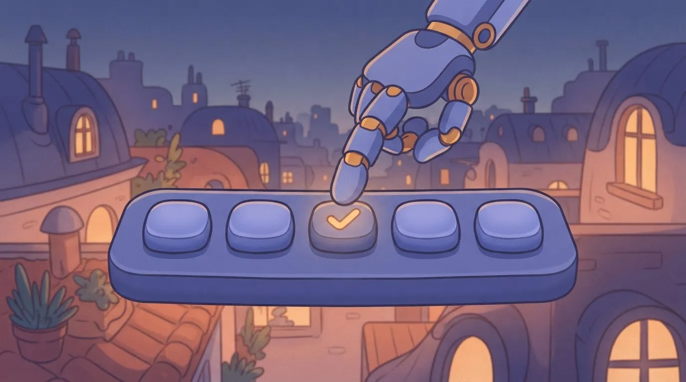 A robotic finger hovers over a button labeled with a small checkmark icon, while ignoring several nearby identical-looking…