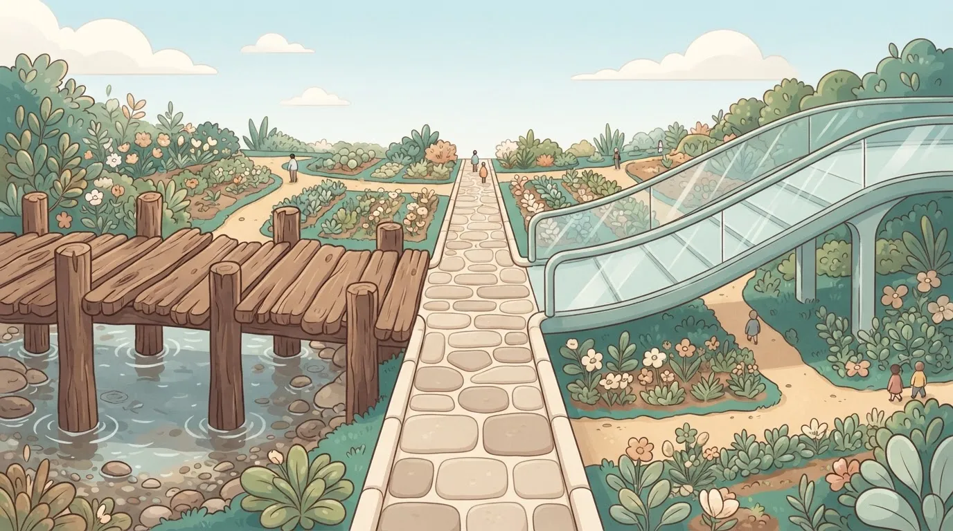 A stone bridge where one side is a smooth, modern glass ramp and the other side is a jagged, rustic wooden pier, with a…