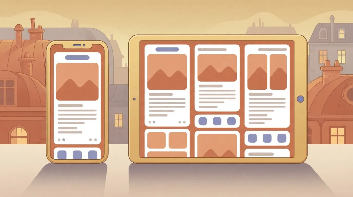 A smartphone screen displaying a vertical stack of layout components, positioned next to a wide tablet screen displaying…