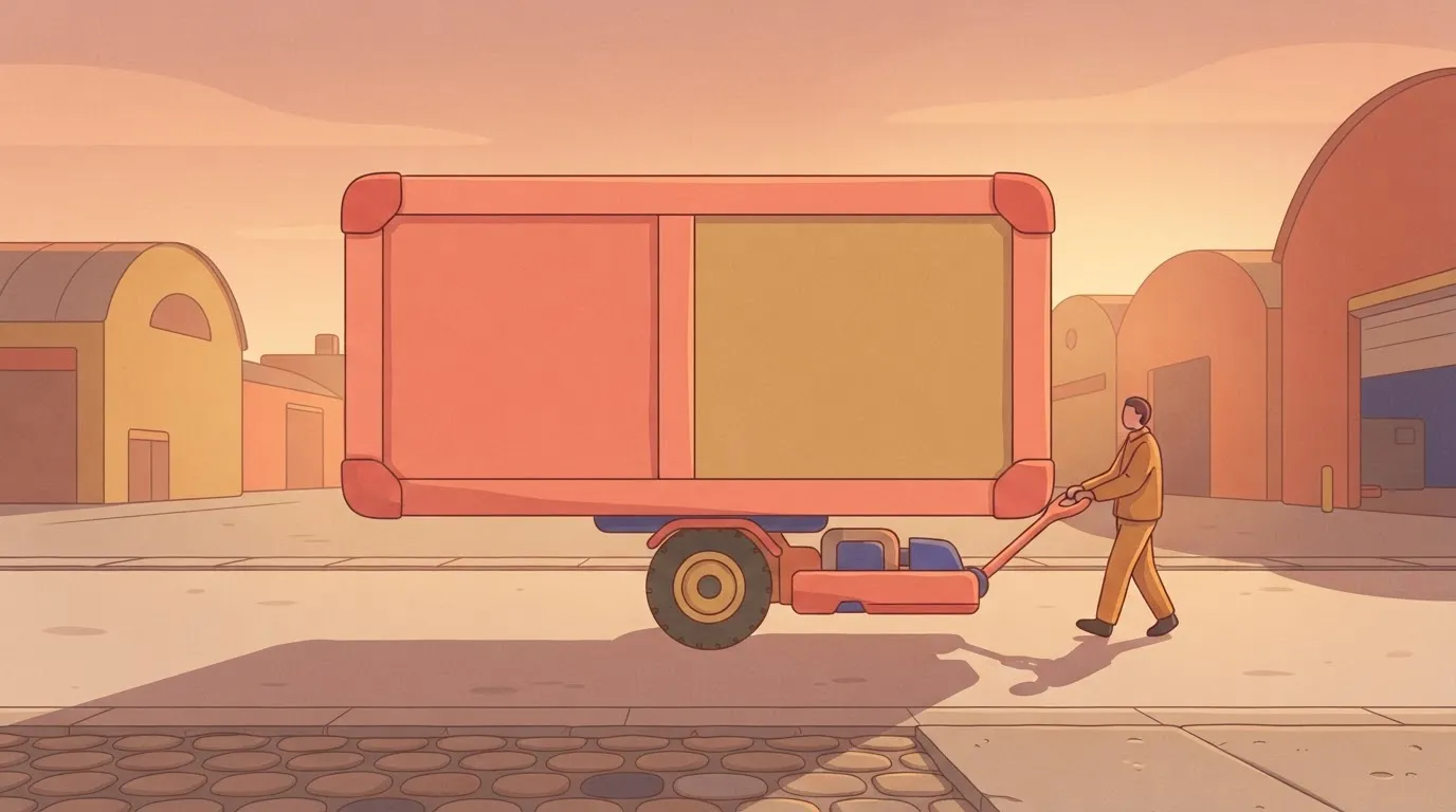 A heavy, oversized industrial crate being moved with ease by a much smaller, single-wheeled motorized dolly that fits…