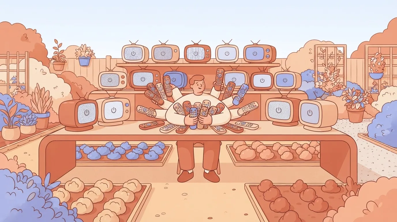 A person at a long desk trying to use twenty different remote controls simultaneously to turn off twenty identical…