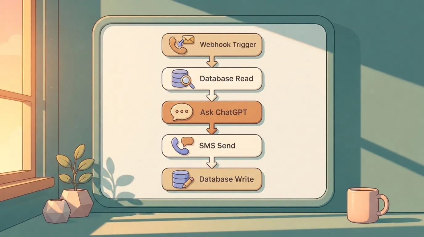 A five-step Activepieces workflow on a screen: a webhook trigger, a database read, an Ask ChatGPT step, an SMS send, and a…