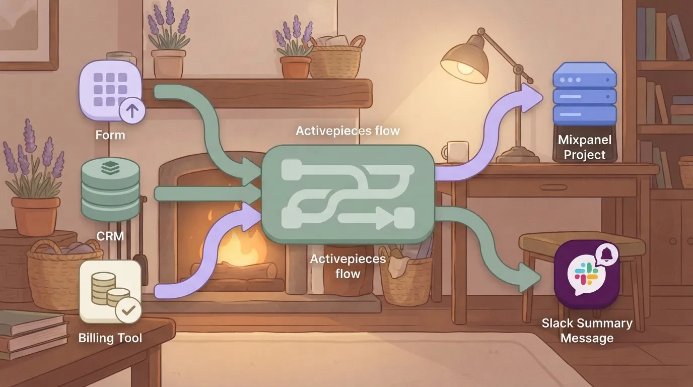 A form, a CRM and a billing tool on the left with arrows into one Activepieces flow box, then one arrow to a Mixpanel…