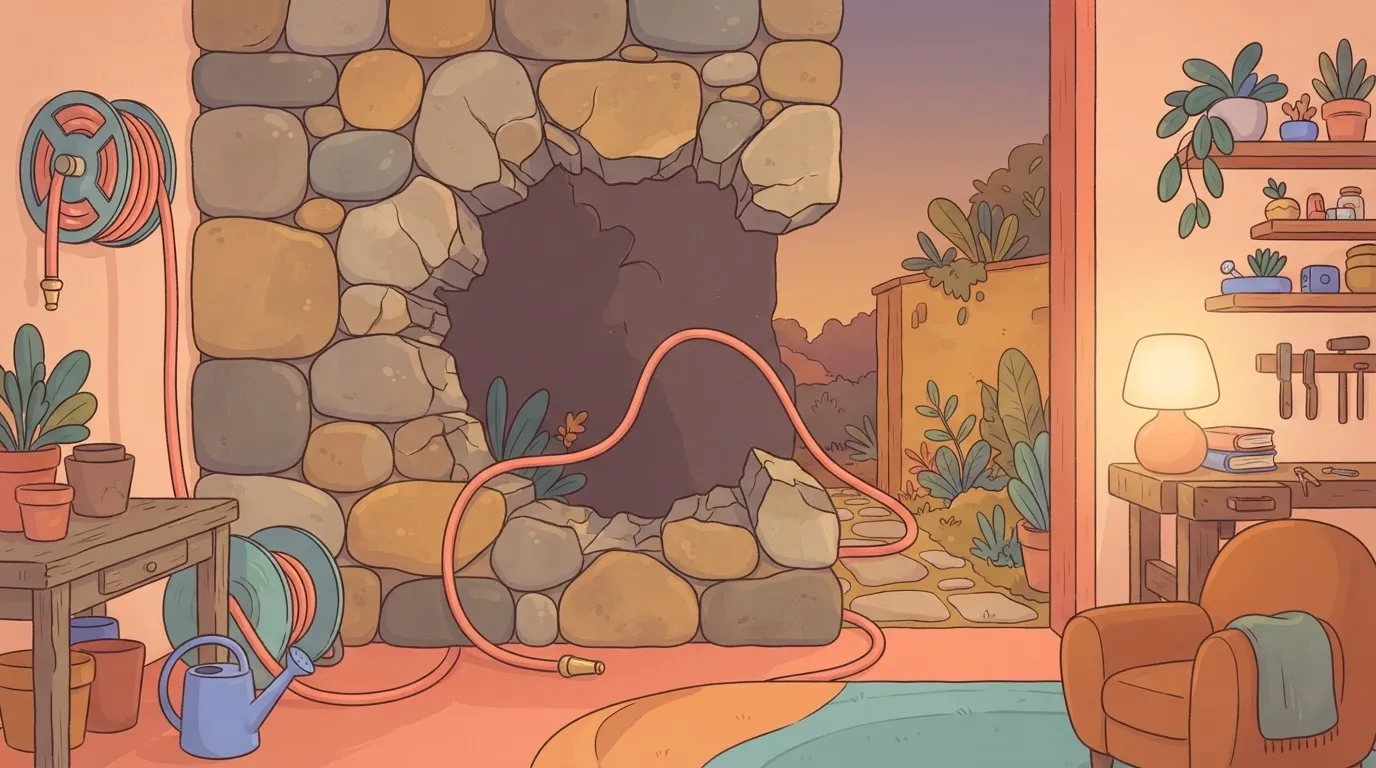 A giant stone wall with a massive, jagged, square-shaped hole smashed through the middle of it to allow a tiny garden hose…