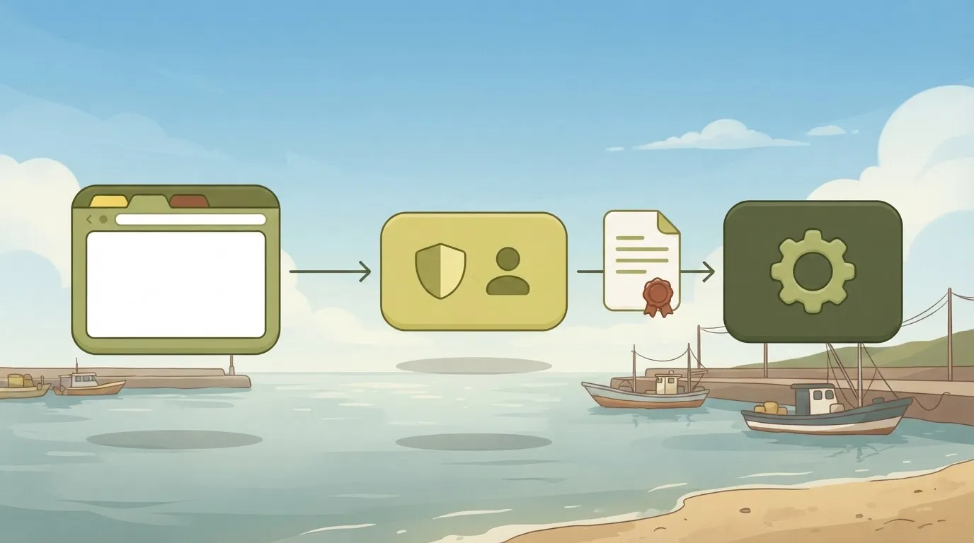 A simple diagram: a browser, an identity provider box and an n8n box, with an arrow out to the provider and a signed…