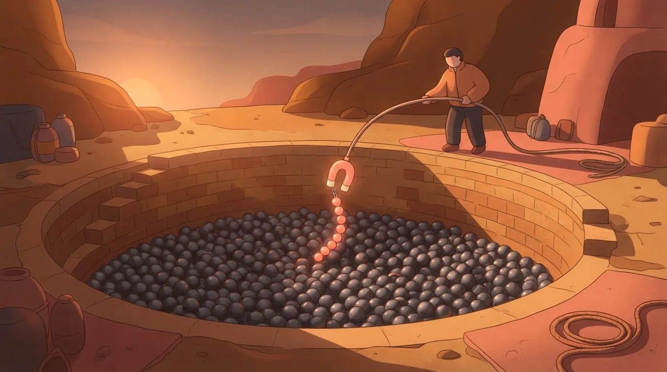 A person using a magnet to pull specific, heavy metal spheres out of a large, dark pit filled with thousands of…