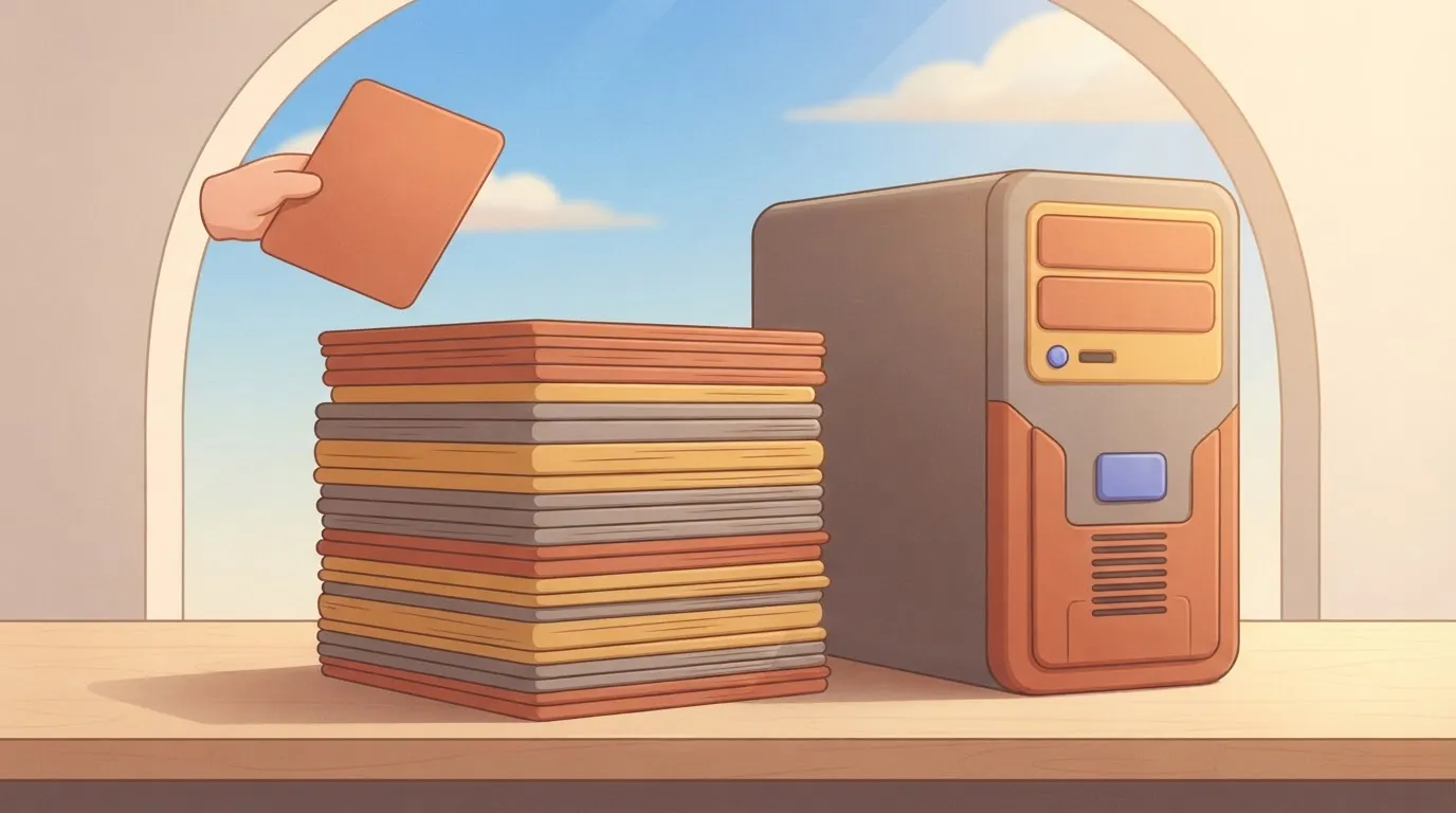 A stack of printed sheets representing audit logs sitting on a desk next to a server tower.