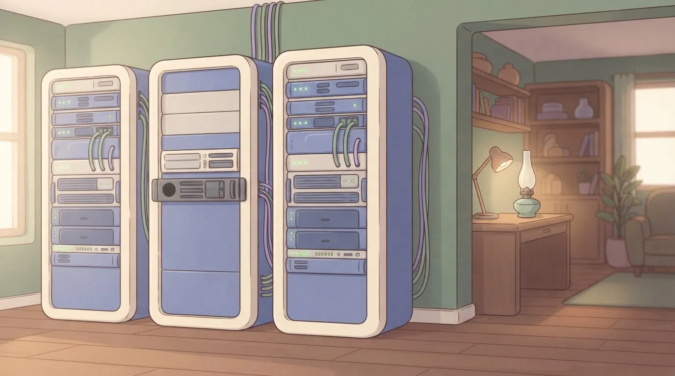 A row of three server racks stands in a quiet room.