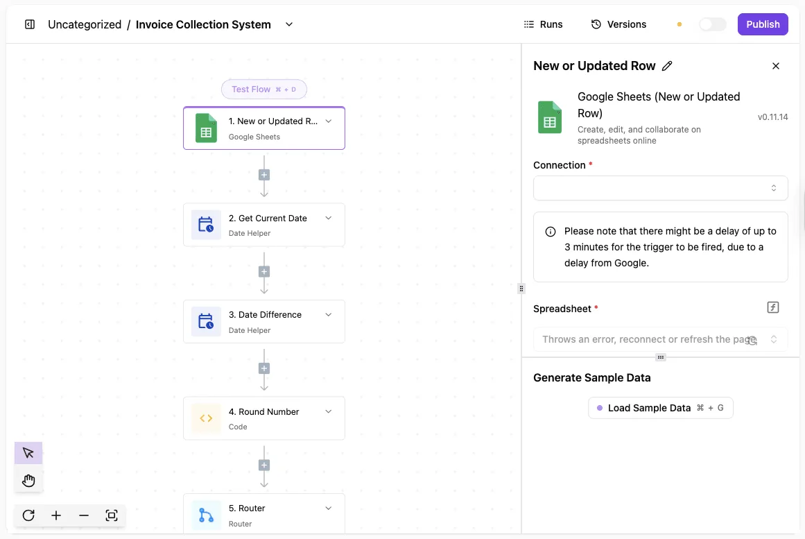 A five-step invoice collection workflow in Activepieces with Google Sheets trigger, date calculations, and routing logic.