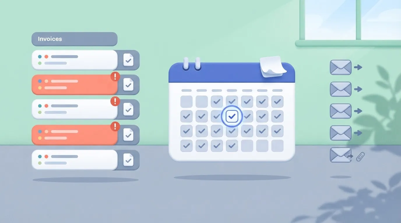 Invoice list with overdue rows, calendar, and send log