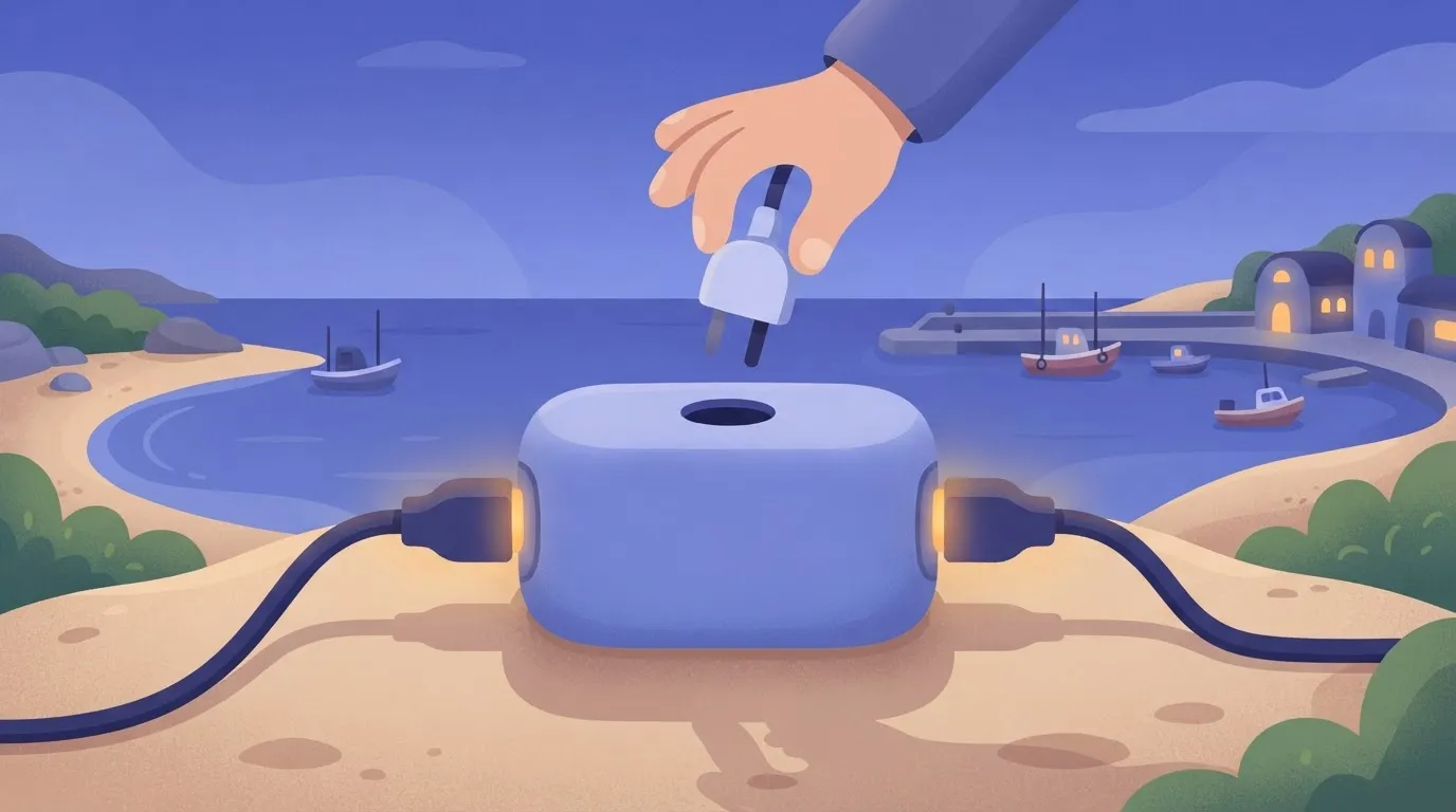 A central hub with two thick cables plugged into its sides; a third, smaller plug on top is being pulled out by a hand, but…