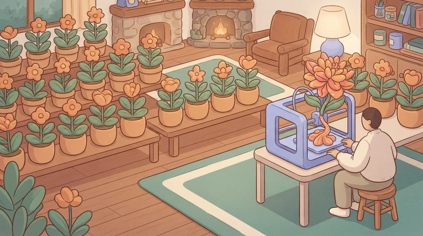 A garden with rows of identical plants (the vendor's tools), but in one corner, a user is using a 3D printer to grow a…
