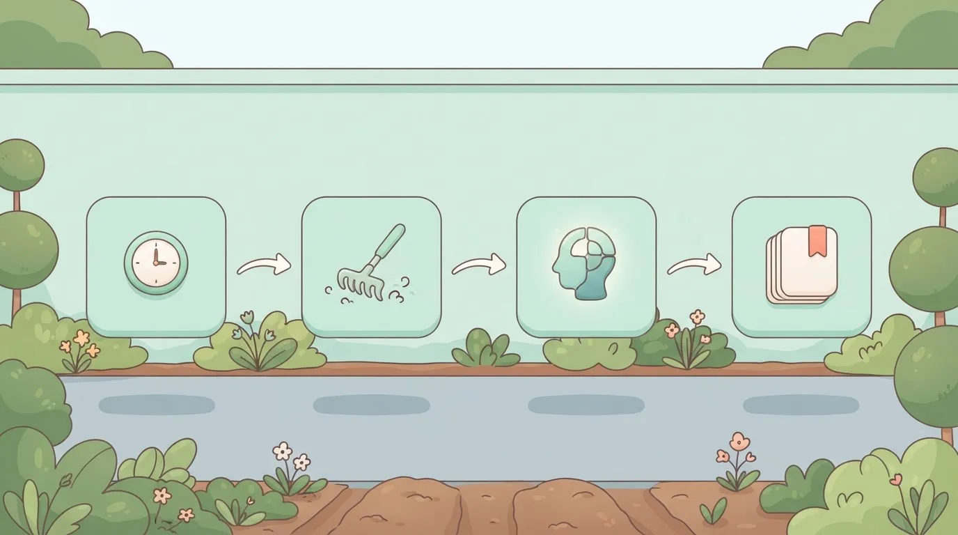 Four connected workflow step boxes with a clock on the first