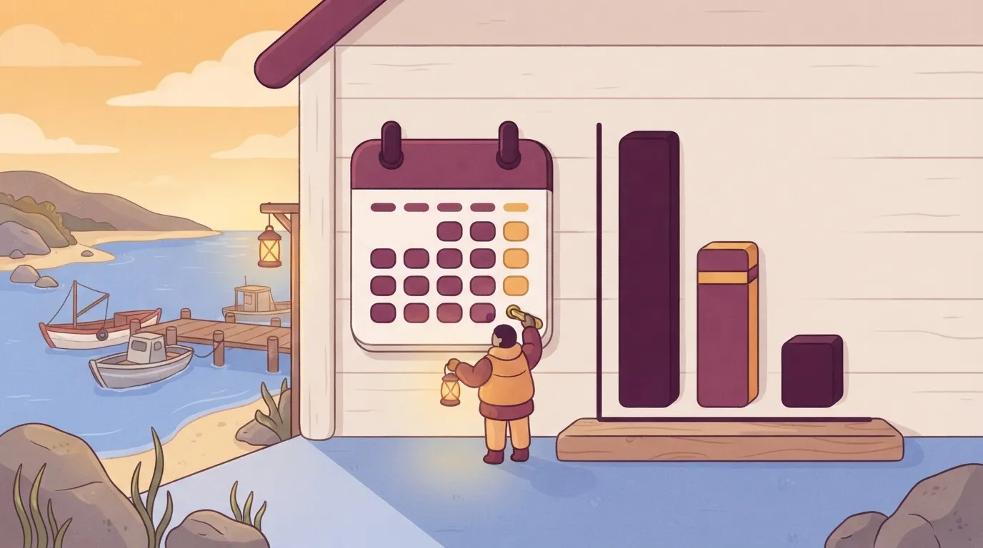 Calendar beside a bar chart with one tall bar