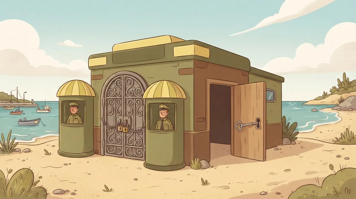 A guarded front gate beside an unguarded side door with a key in it