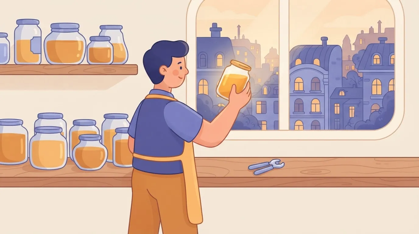 Person holding a sealed jar from a shelf of sealed jars