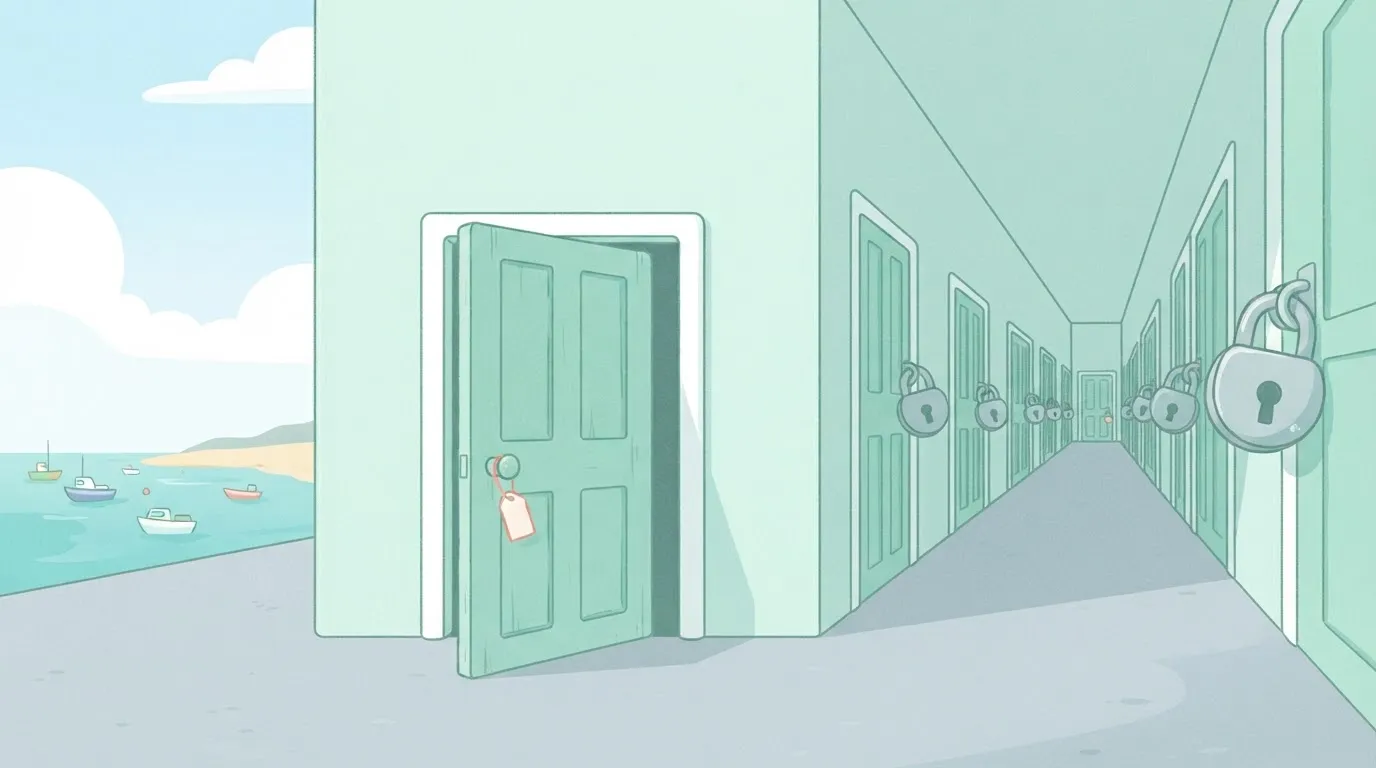A very cheap small door with a tiny price tag stands open.
