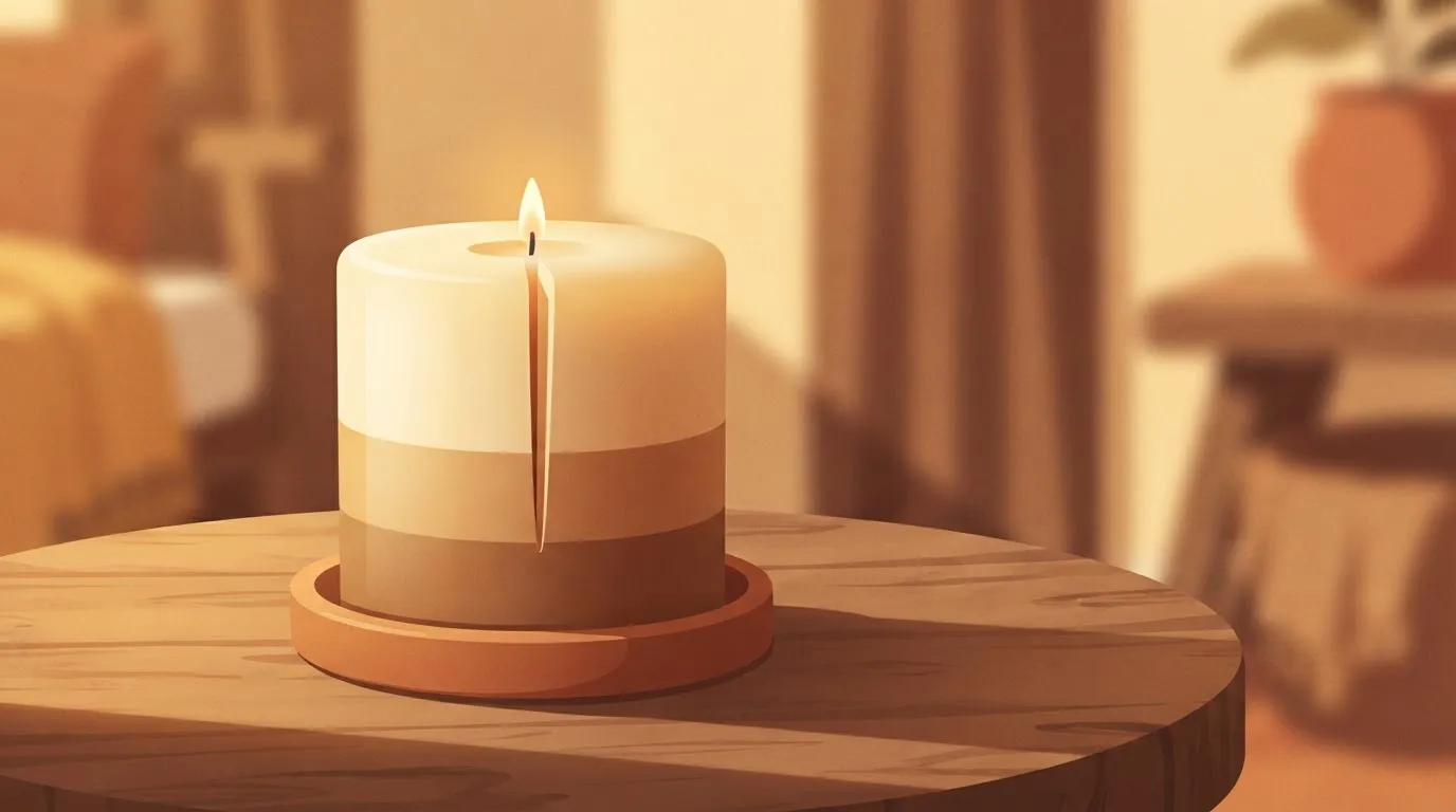 A single thick, heavy candle being lit from the top, but the flame is tiny and precise, consuming only a thin vertical…