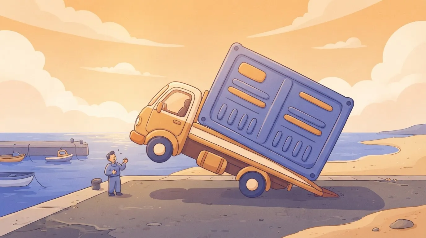 A single large, heavy shipping container sits on the back of a small flatbed truck, which is visibly tilting under the…