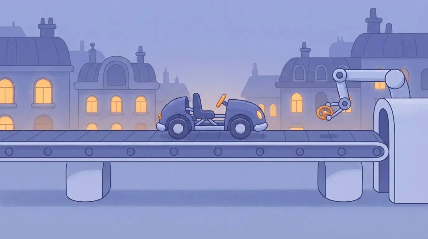 A long conveyor belt carrying a single half-assembled toy car.