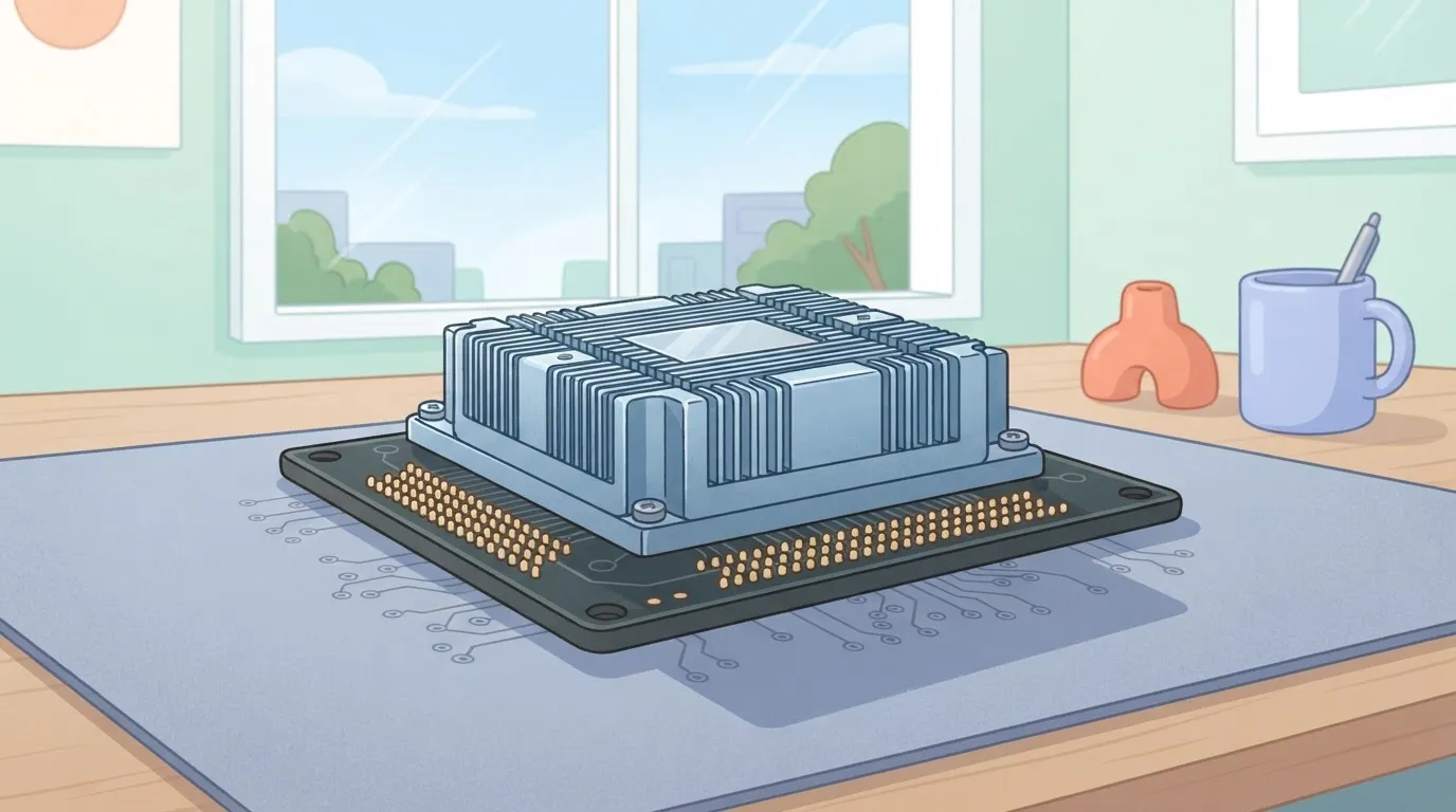 A single NVIDIA H100 SXM5 chip with its metallic heat sink and gold-colored contact points resting on an anti-static mat.