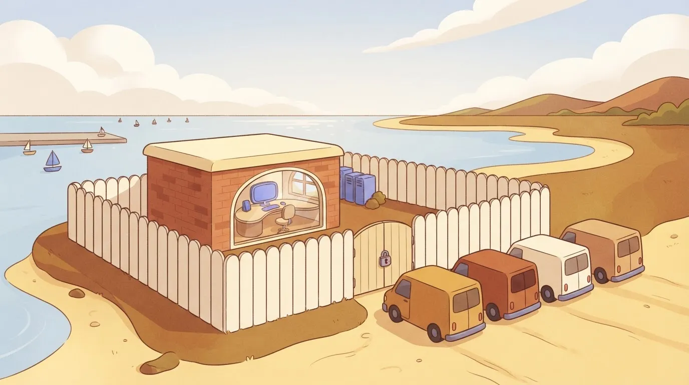 Fenced-in computer with delivery vans parked outside the gate
