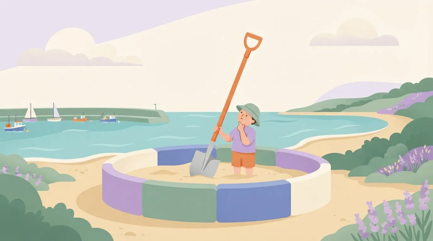 A person standing in a small, colorful plastic sandbox with high walls, holding a full-sized construction shovel that is…