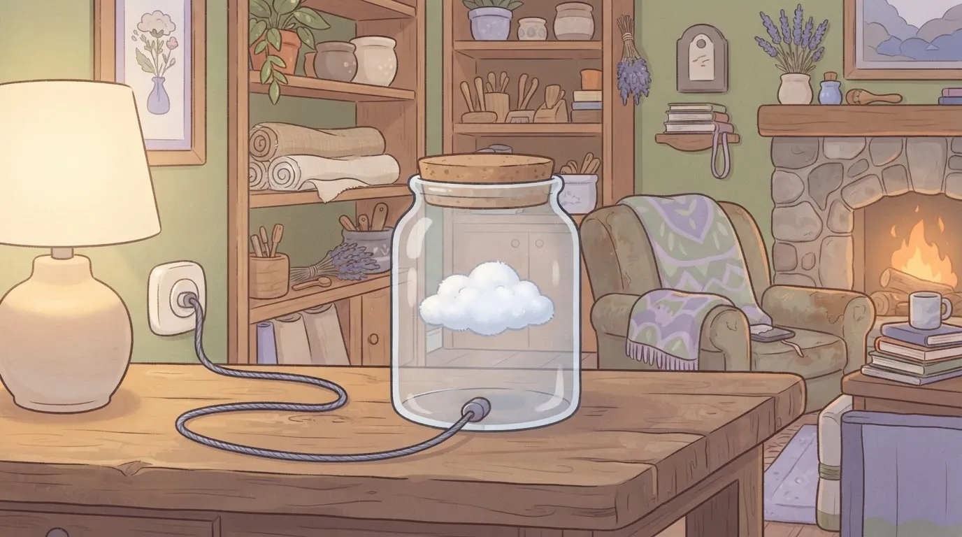 A tiny, palm-sized cloud floating inside a glass jar, with a single, small wire plugged into the base of the jar.