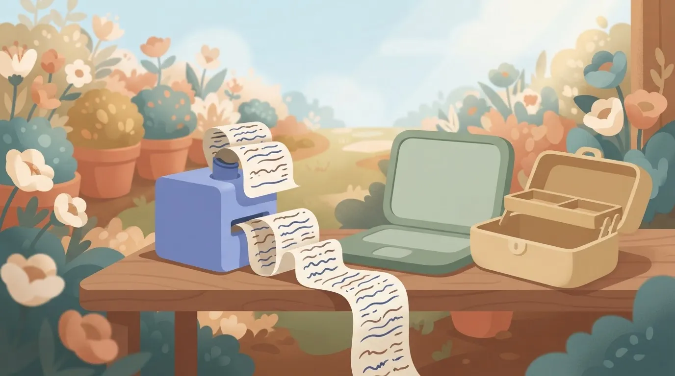 A small server box on a shelf with a long ribbon of printed log paper spilling out of its single pipe, jamming it.