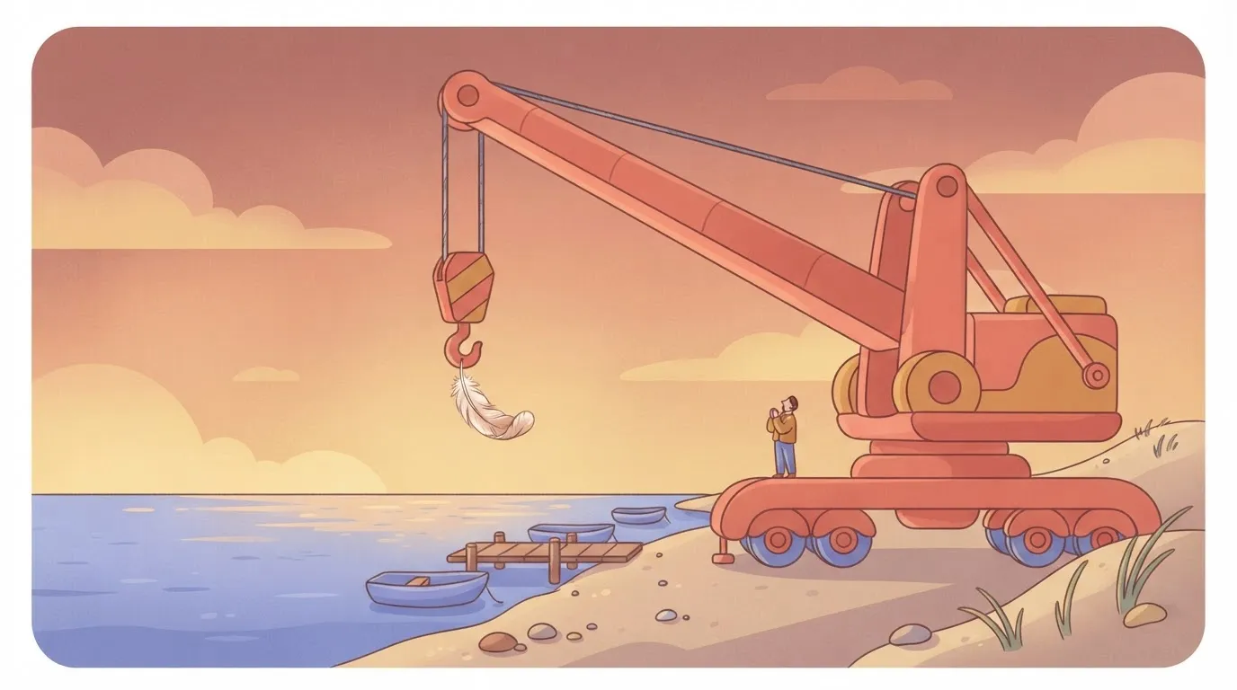 A large, heavy-duty industrial crane lifting a single, tiny feather, illustrating the massive infrastructure of the server…