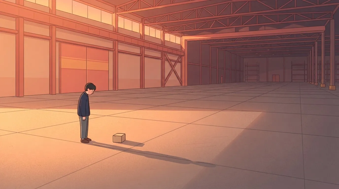 A person stands on a vast, flat warehouse floor next to a single, small cardboard box.