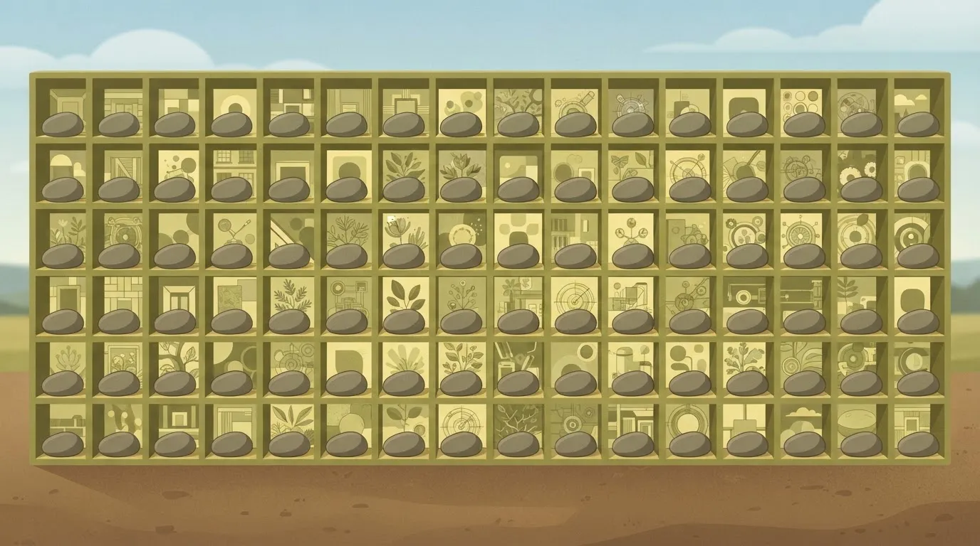 A large grid of squares where every square contains an identical, simple, heavy stone, regardless of whether the square…