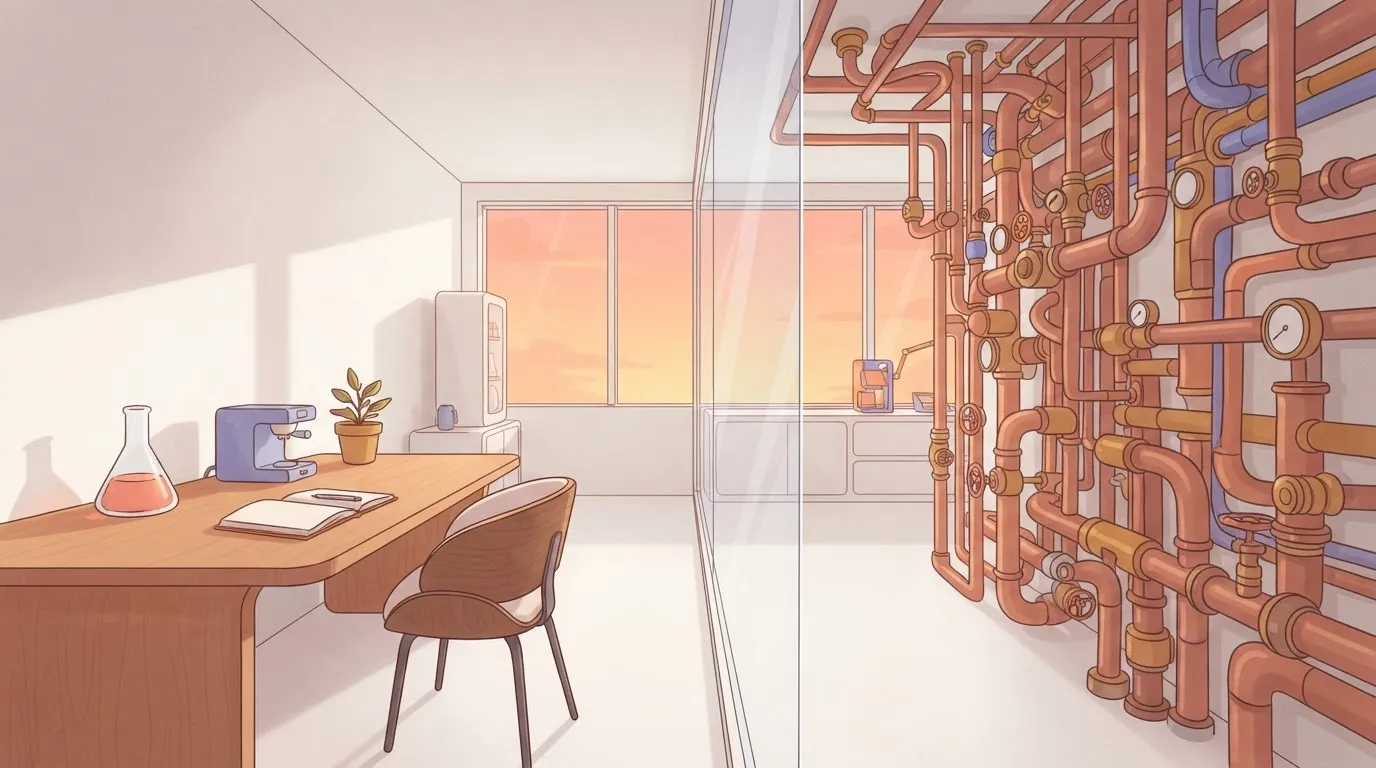A pristine white laboratory divided by a thick glass wall; on one side, a clean desk, and on the other, a dense thicket of…