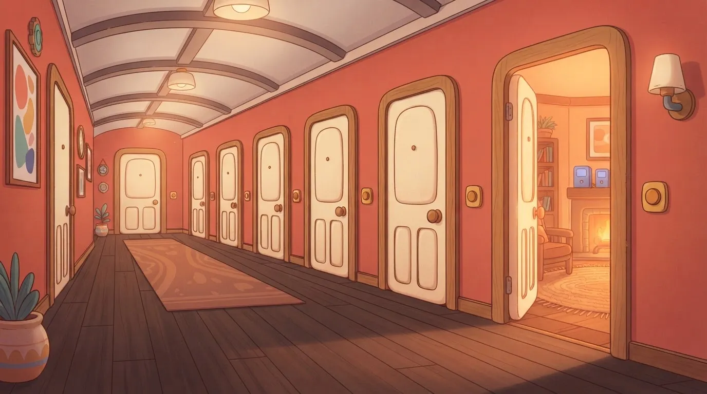 Eight doors, one ajar, seven with intercom buttons
