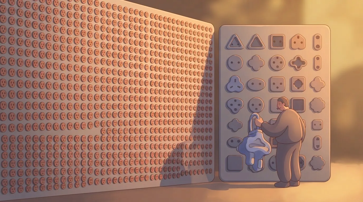 Person holding odd plug facing a small socket wall beside a huge one