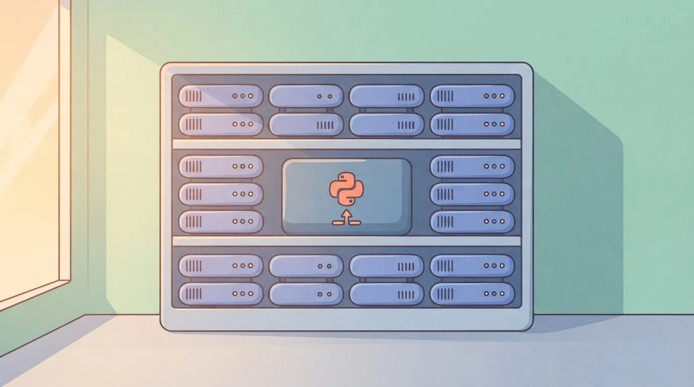 A rectangular Docker container icon sits in the center of a server rack, with a small Python-based proxy server logo on its…