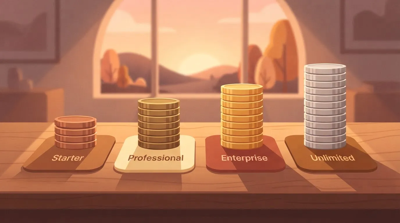 Four price cards in a row, Starter, Professional, Enterprise, Unlimited, each a taller stack of coins than the one before…