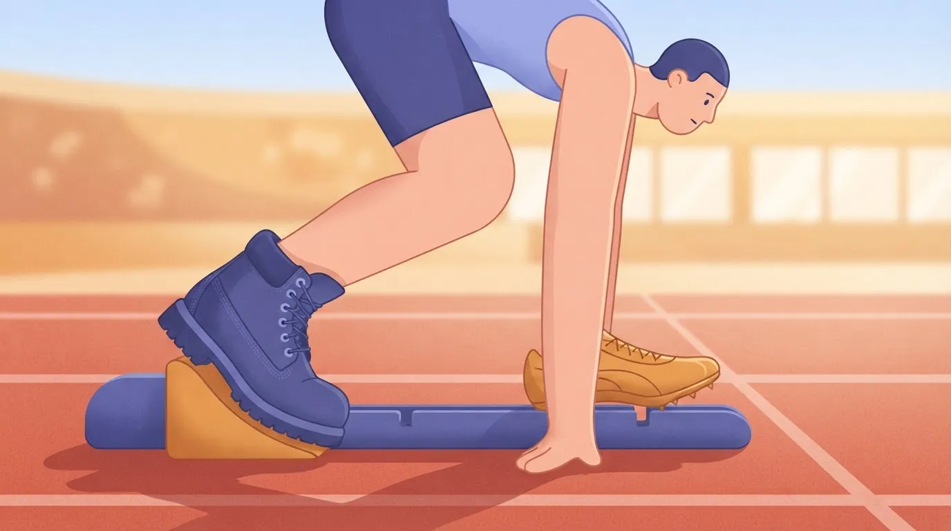 A sprinter at the starting blocks, one foot in a heavy work boot and the other in a track spike.