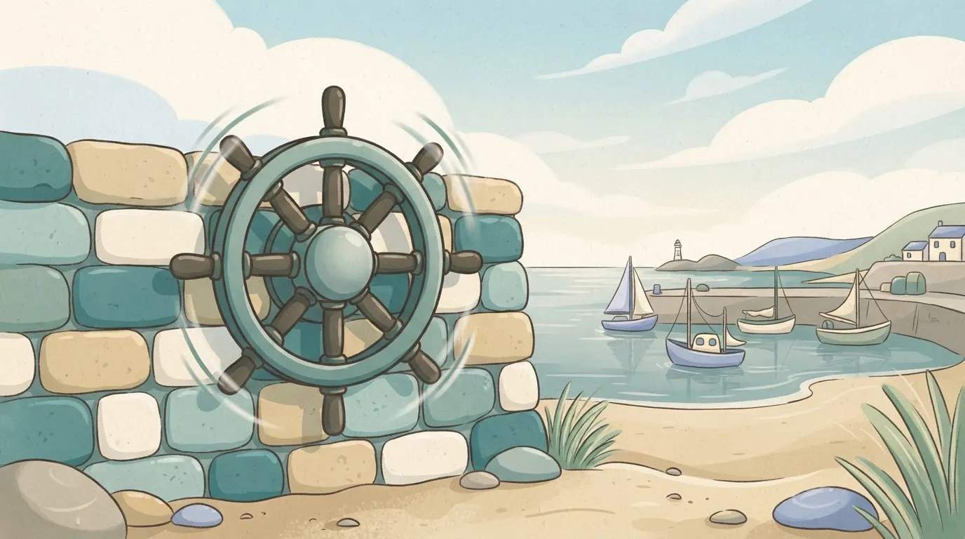 A heavy, industrial steering wheel attached to a stone wall rather than a vehicle, spinning uselessly in place.