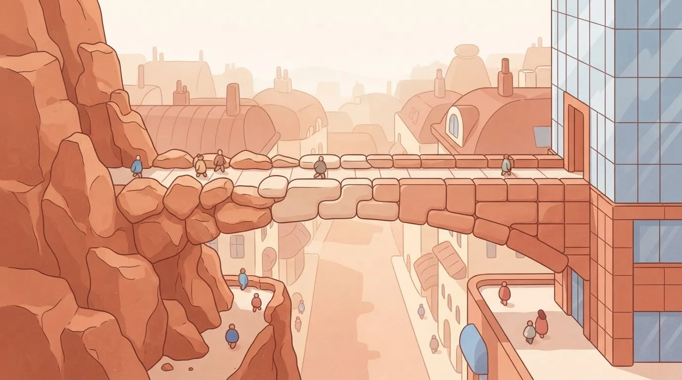 A stone bridge where one side is a rough, jagged cliff face and the other side is a smooth, glass skyscraper, with the…