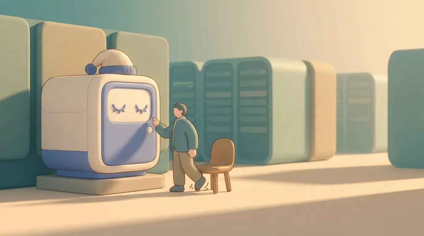 Sleeping server box with a visitor waiting at its door