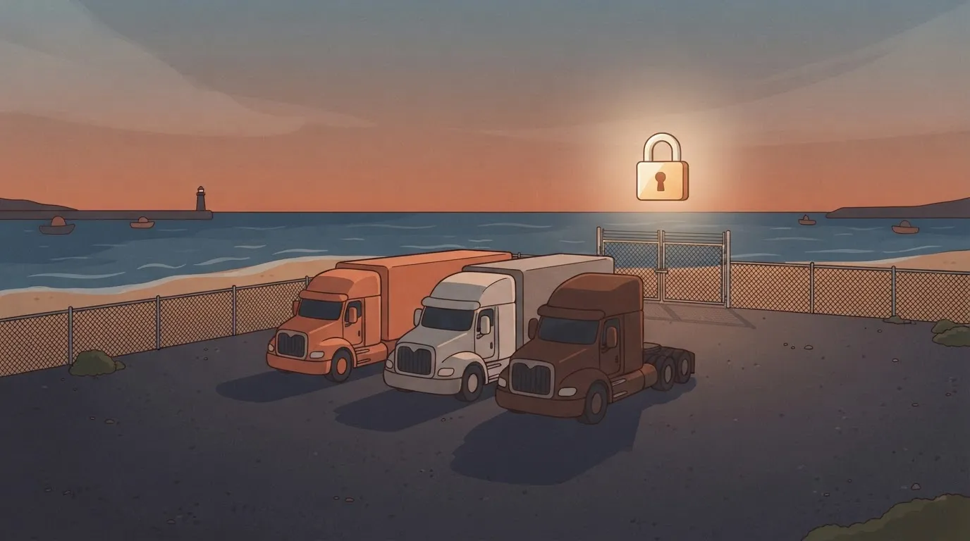 A row of three heavy freight trucks parked in a dark lot, their headlights off, while a lone, bright digital padlock icon…