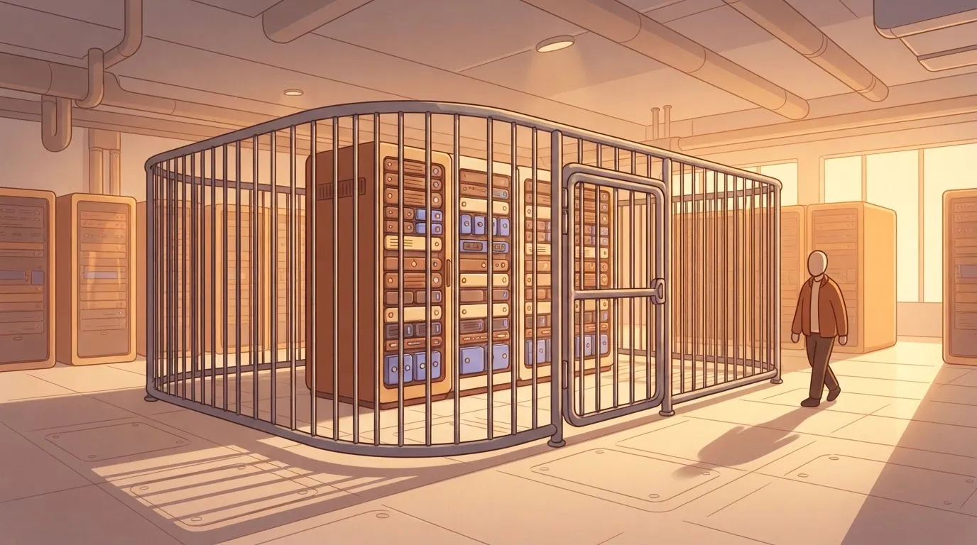 A large server rack sitting inside a fenced-off section of a data center, representing a Virtual Private Cloud (VPC) on an…