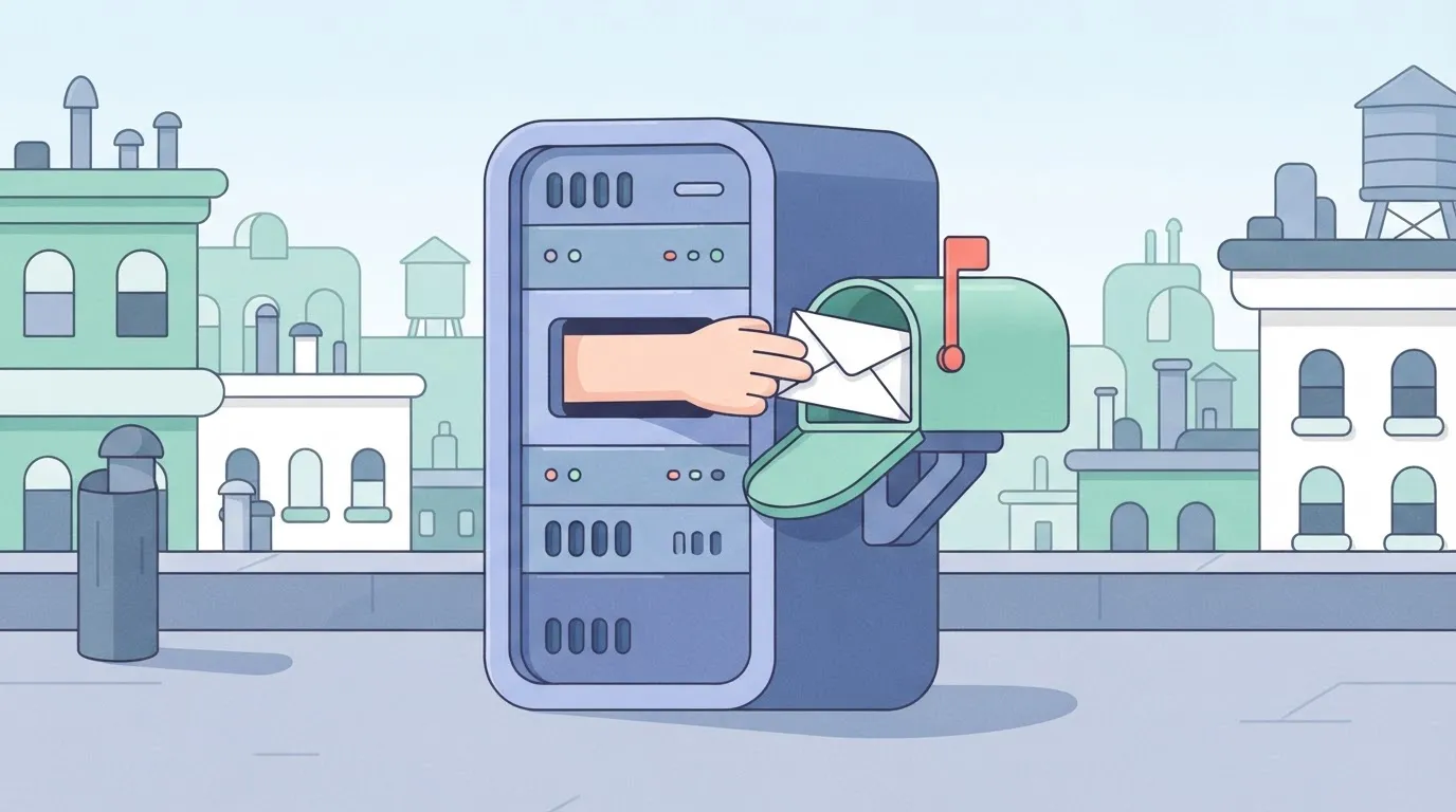 A server rack with a standard residential-style mailbox attached to the side of it, with a hand reaching out from the…
